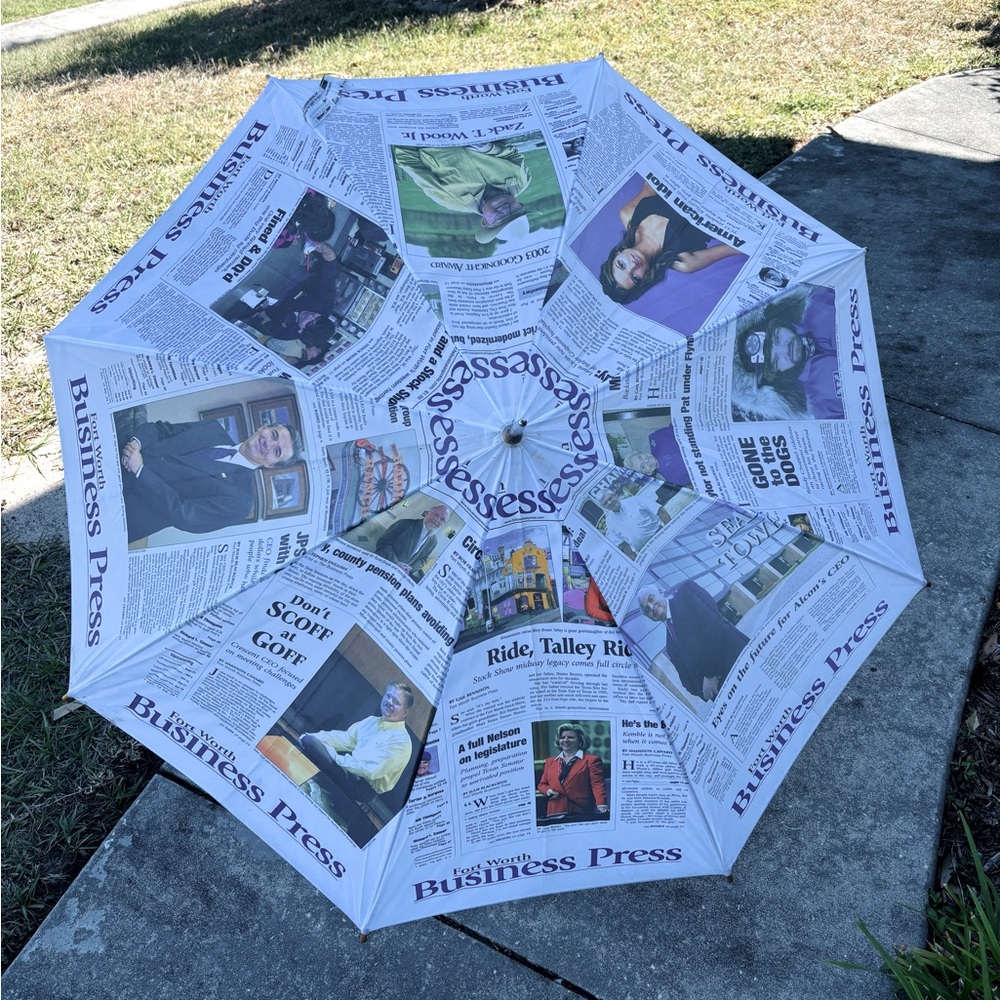 Fort Worth Vintage Newspaper Print Umbrella with Wooden Handle